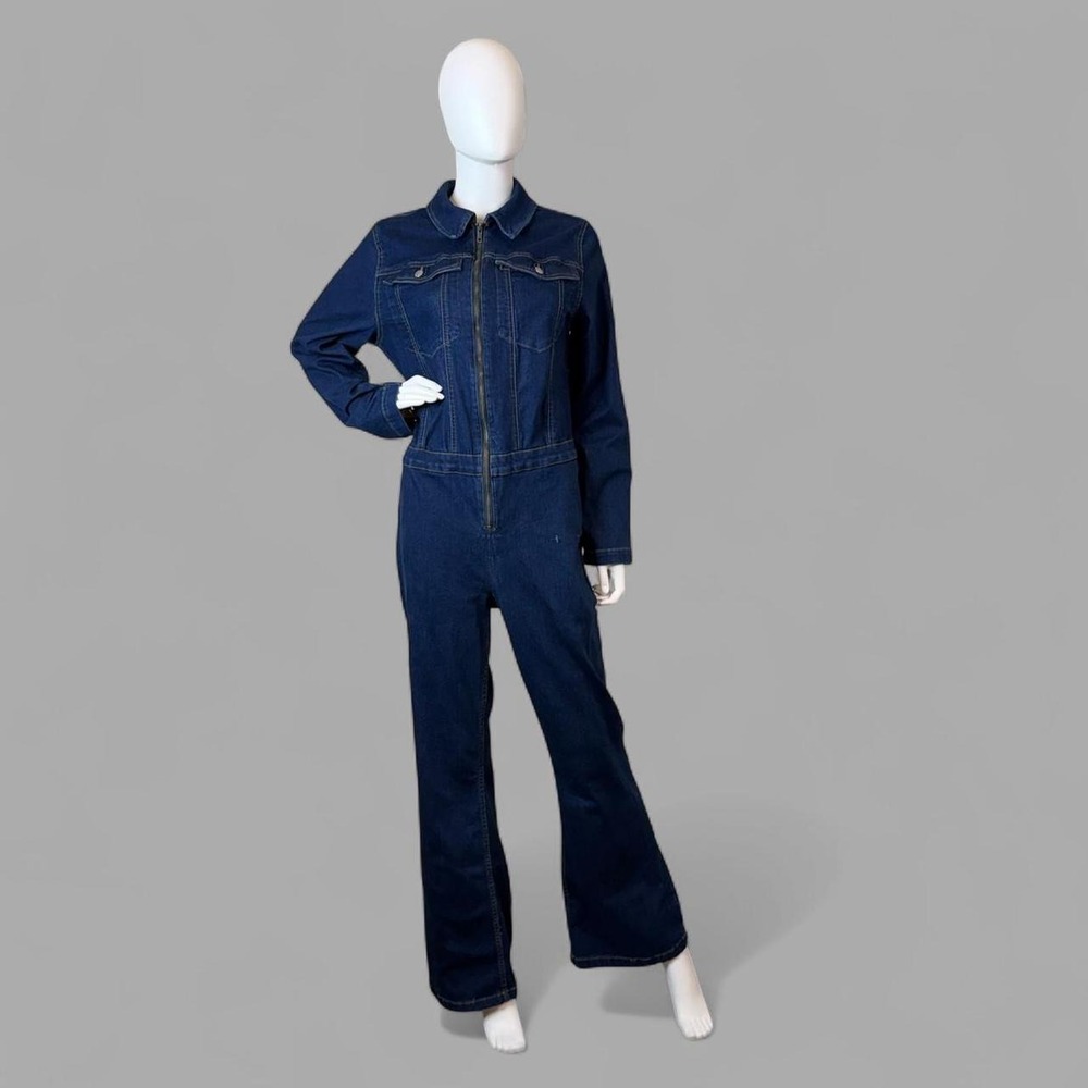 ASOS DESIGN long-sleeve 70s-style flared denim jumpsuit Stretch Plus Size 14